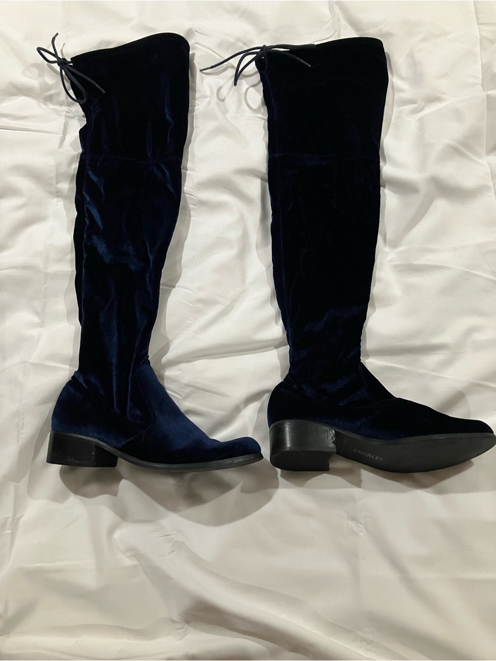 Charlies Over-the-Knee Velvet Boots in Dark Navy